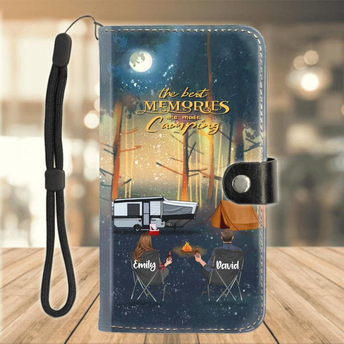 Personalized Night Camping Flip Leather Purse For Mobile Phone - Couple/Parents With Up to 3 Kids And 4 Pets - Best Gift For Camping Lover - The Best Memories Are Made Camping