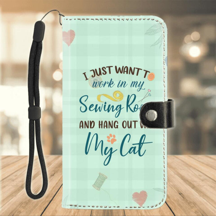 Personalized Cat Mom Sewing Flip Leather Purse - Gift Idea For Cat and Sewing Lovers/Mother's Day - Up to 6 Cats - I Just Want To Work In My Sewing Room And Hang Out With My Cat