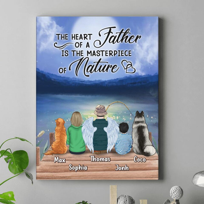 Personalized Father Fishing Canvas - Father With Up to 2 Kids And 2 Pets - Gift Idea For Father/Fishing Lover - The Heart Of A Father Is The Masterpiece Of Nature