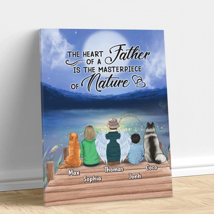 Personalized Father Fishing Canvas - Father With Up to 2 Kids And 2 Pets - Gift Idea For Father/Fishing Lover - The Heart Of A Father Is The Masterpiece Of Nature