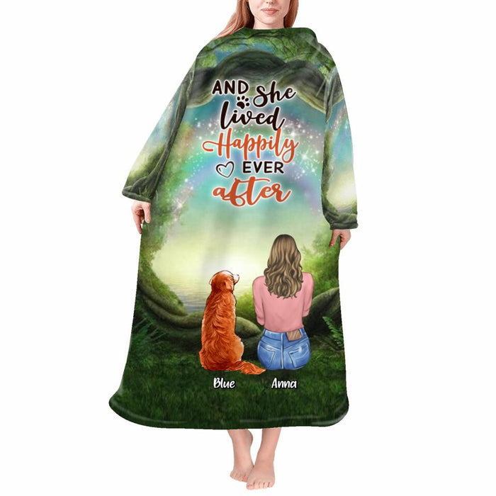 Personalized Dog Blanket Robe With Sleeves - Gift for Dog Mom, Dog Lovers - Up to 6 Dogs - And she lived happily ever after