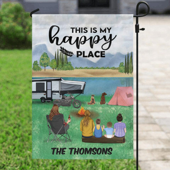 Personalized Camping Garden Flag - Gift For Single Man/Woman With Up To 4 kids and 2 pets - This Is My Happy Place