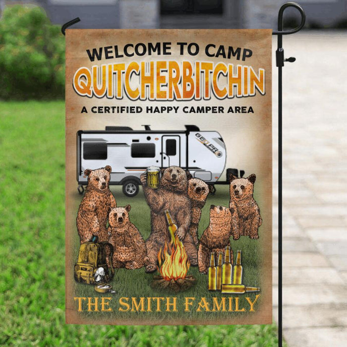 Personalized Flag Sign - Camping Daddy Bear - Welcome To Camp Quitcherbitchin A Certified Happy Camper Area