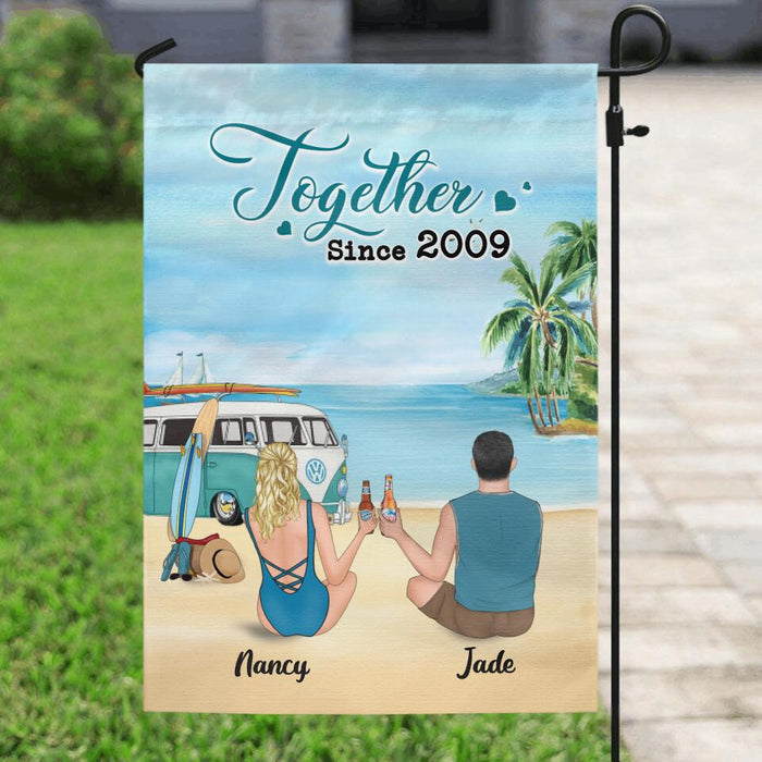 Personalized Beach Camping Flag - Couple/Family With Up to 3 Kids And 3 Pets - Best Gift Idea For Camping/Dog/Cat Lover - This Is Our Happy Place