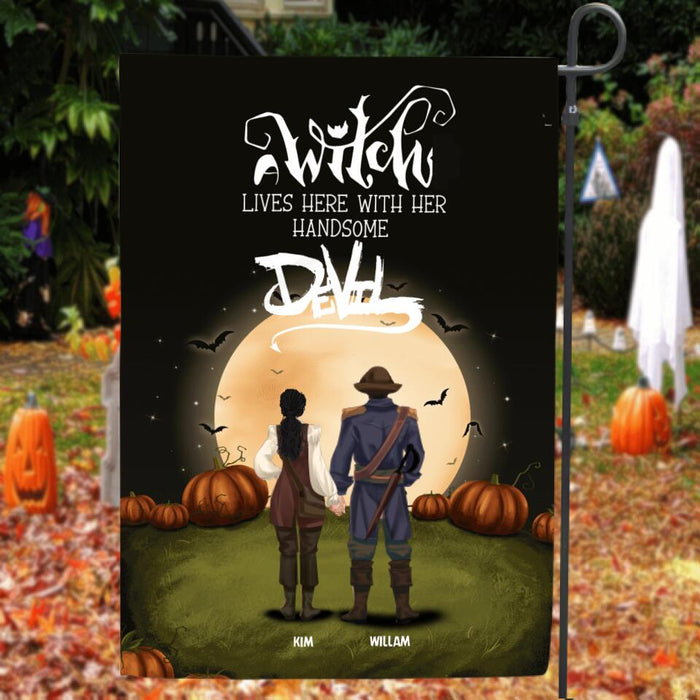 Personalized Witch Flag - Couple With Up to 3 Kids And 3 Dogs - A Witch Lives Here