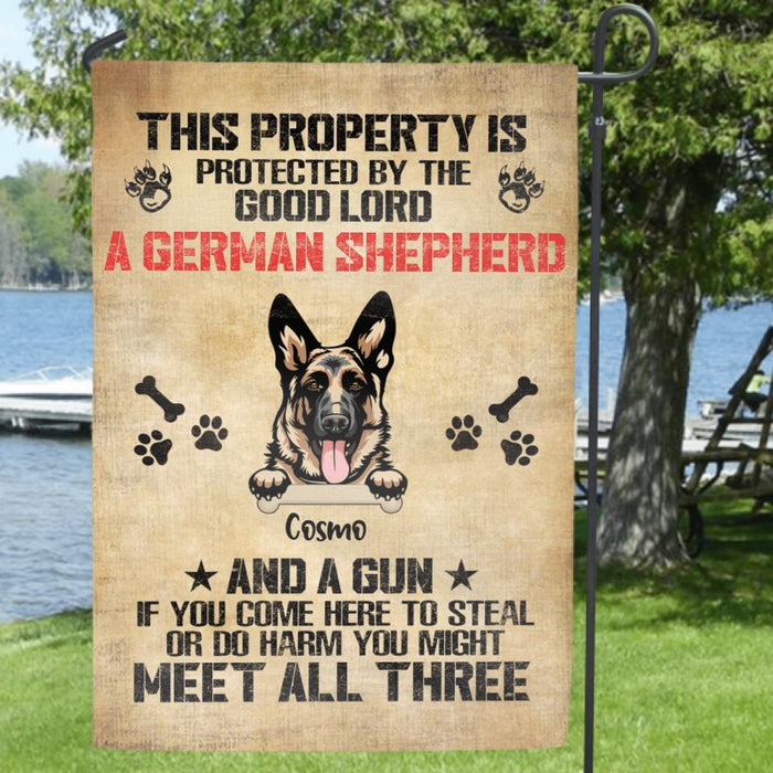 Personalized Dog Flag Sign - Up to 4 Dogs - Best Gift For Dog Lover - This Property Is Protected By The Good Lord - JN3EUF