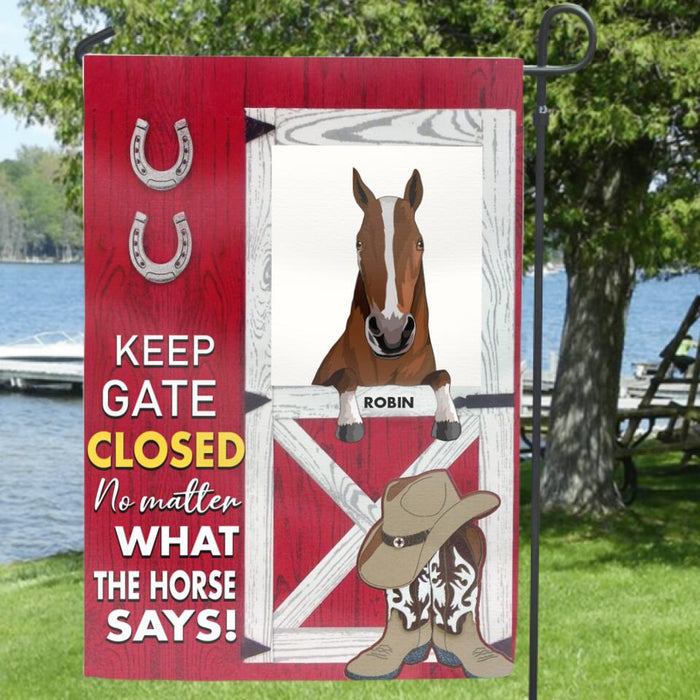 Personalized Horse Barn Flag Sign - Up to 4 Horses - Gift For Horse Lover - Keep Gate Closed No Matter What The Horse Says