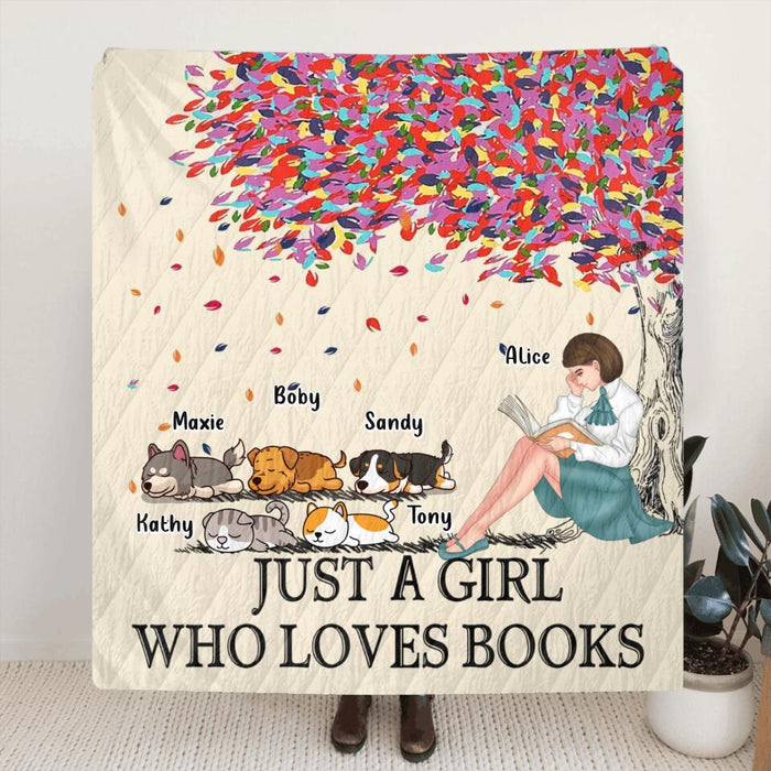 Personalized Reading Girl Pillow Cover/Fleece Blanket/Quilt - Up to 5 Pets - Gift Idea For Book/Dog Cat Lover - Just A Girl Who Loves Book