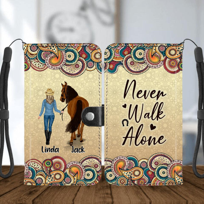 Personalized Horse Girl Flip Leather Purse For Mobile Phone - Up to 4 Horses - Gift Idea For Horse Lovers - Never Walk Alone