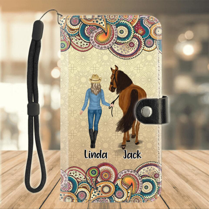Personalized Horse Girl Flip Leather Purse For Mobile Phone - Up to 4 Horses - Gift Idea For Horse Lovers - Never Walk Alone