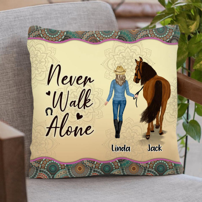 Personalized Horse Girl Pillow Cover - Up to 4 Horses - Gift Idea For Horse Lovers - Never Walk Alone