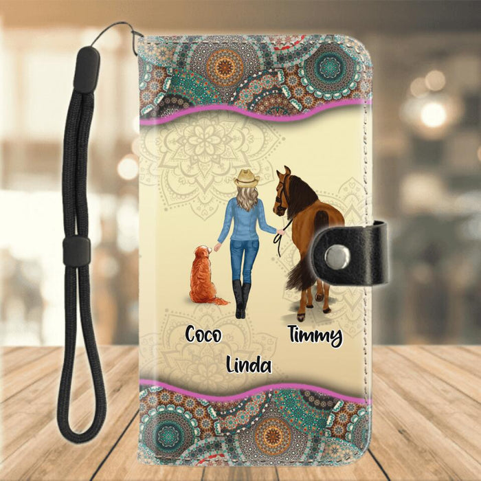 Personalized Horse And Dog Flip Leather Purse for Mobile Phone - Up to 2 Dogs - Gift Idea For Horse/Dog Lovers - Never Walk Alone