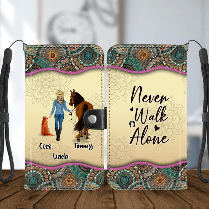 Personalized Horse And Dog Flip Leather Purse for Mobile Phone - Up to 2 Dogs - Gift Idea For Horse/Dog Lovers - Never Walk Alone