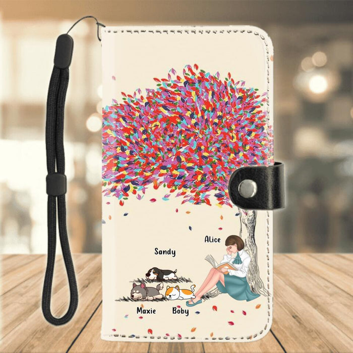 Personalized Reading Girl Flip Leather Purse For Mobile Phone - Up to 3 Pets - Gift Idea For Book/Dog/Cat Lover - That's What I Do I Read Books And I Know Things