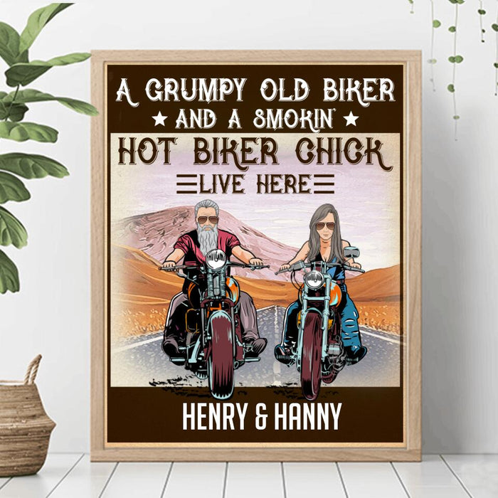 Personalized Couple Biker Vertical Poster - Gift Idea For Couple - A Grumpy Old Biker And A Smokin' Hot Biker Chick Live Here