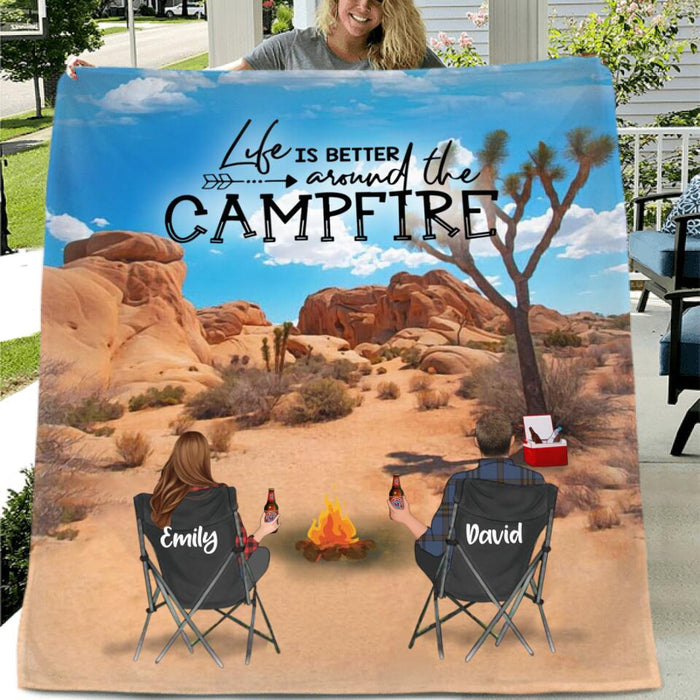Personalized Joshua Tree Camping Fleece/Quilt Blanket - Adult/Couple/Parents With Up to 3 Kids And 3 Pets - Gift Idea For Family/Camping Lover - Life Is Better Around The Campfire