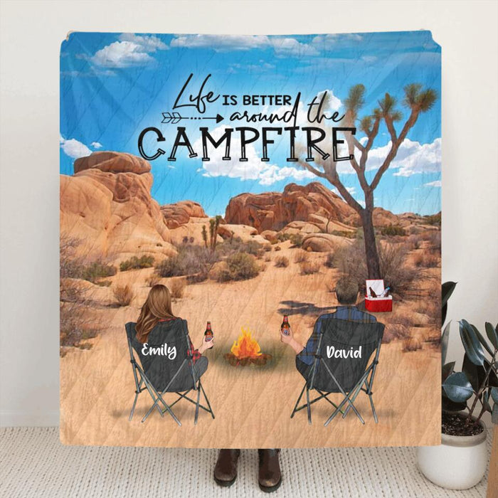 Personalized Joshua Tree Camping Fleece/Quilt Blanket - Adult/Couple/Parents With Up to 3 Kids And 3 Pets - Gift Idea For Family/Camping Lover - Life Is Better Around The Campfire