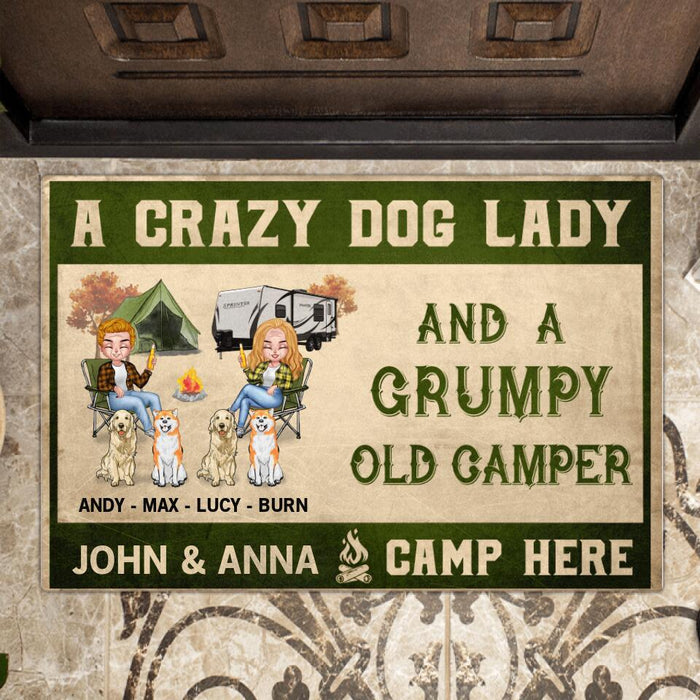 Personalized Camping Couple Doormat - Gift For Camping Lovers with up to 4 Dogs - A Crazy Dog Lady And A Grumpy Old Camper Camp Here