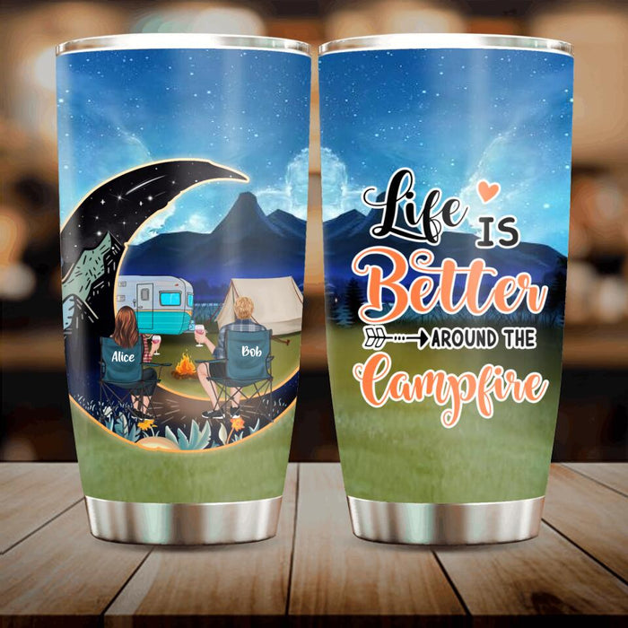 Personalized Camping Moon Tumbler - Couple/Parents With Kid And Dog - Gift Idea For Camping Lover - Life Is Better Around The Campfire
