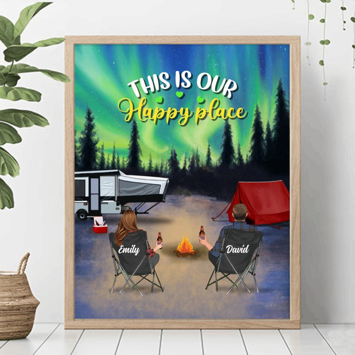 Personalized Family Camping Trip Poster - Couple/Single Parent/Parents With Up to 3 Kids And 4 Pets - Gift Idea For Whole Family/Camping Lover - This Is Our Happy Place