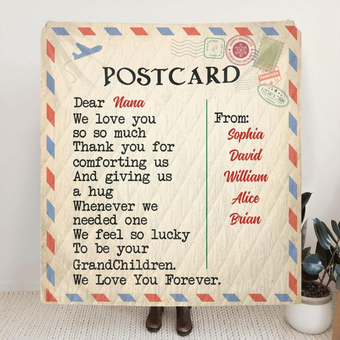 Personalized Postcard Fleece Throw Blanket/Quilt - Gift Idea From Grandchildren To Nana - We Love You Forever