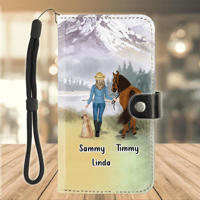 Personalized Horse And Dog Flip Leather Purse for Mobile Phone - Up to 2 Dogs - Gift Idea For Horse/Dog Lover - Dirt Horse Smell And Dog Slobber Are Always Good For The Soul