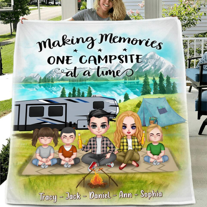 Personalized Camping Fleece Throw Blanket/Quilt -  Gift For Couple/Family with up to 3 Kids - Making Memories One Campsite At A Time