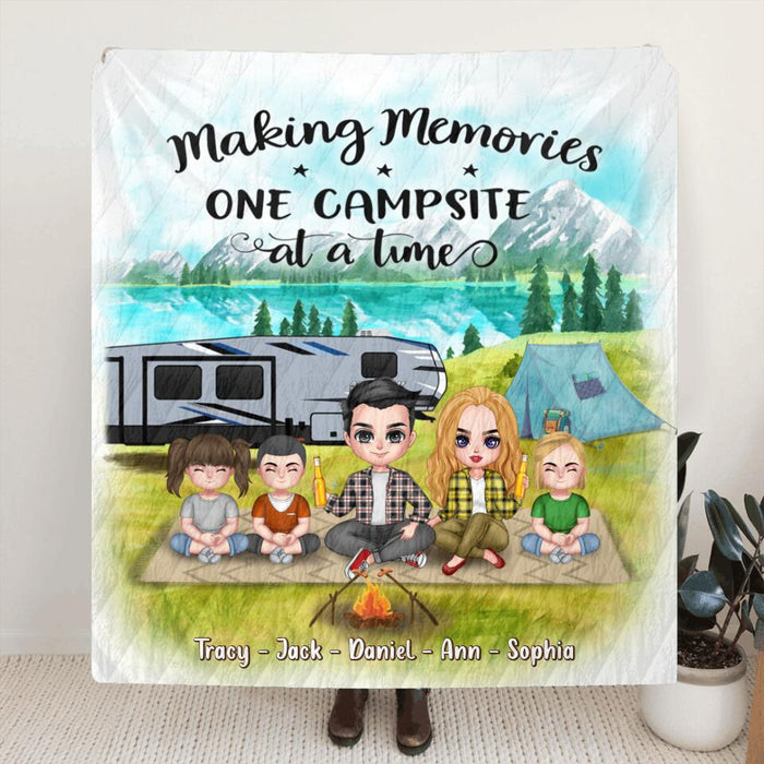 Personalized Camping Fleece Throw Blanket/Quilt -  Gift For Couple/Family with up to 3 Kids - Making Memories One Campsite At A Time