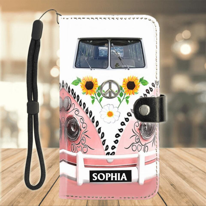 Personalized Sunflower Peace Bus Phone Wallet - Best Gift Idea For Bus Lovers