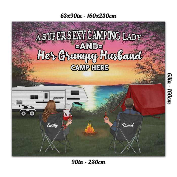 Personalized Camping Rug - Gift Idea For Camping Lover - Couple/Parents With Up to 3 Kids And 4 Pets - A Super Sexy Camping Lady And Her Grumpy Husband Camp Here
