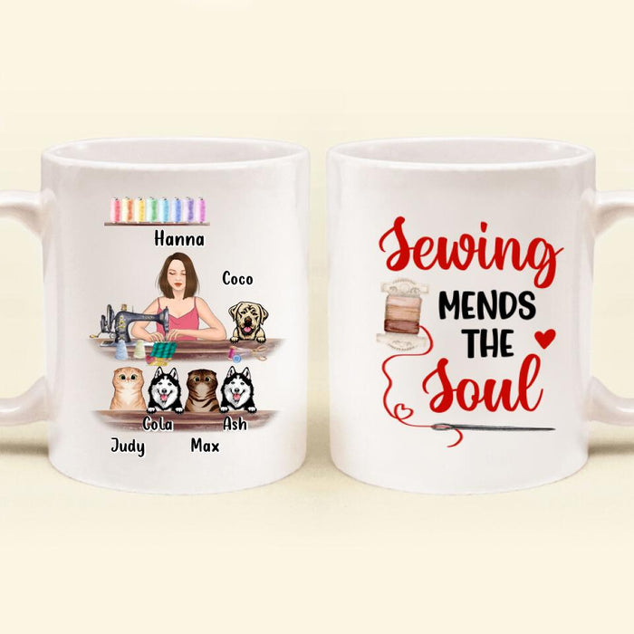 Personalized Sewing Coffee Mug - Gift For Sewing Lovers with up to 5 Pets - Sewing Mends The Soul