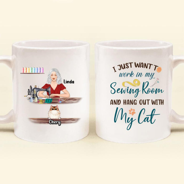 Personalized Cat Mom Sewing Coffee Mug - Mother's Day Gift Idea For Cat and Sewing Lovers - Up to 6 Cats - I Just Want To Work In My Sewing Room And Hang Out With My Cat