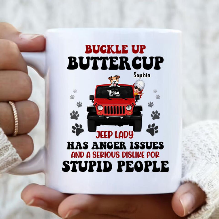 Personalized Off-road Lady Mug - Up to 5 Dogs - Gift Idea For Dog/Off-road Lover - Buckle Up Buttercup