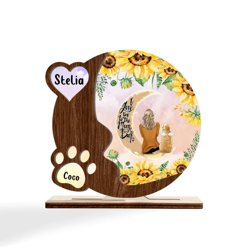 Personalized Pet Mom Sunflower Wooden Plaque With Up to 4 Pets - Gift Idea For Dog/Cat Lover - I Love You To The Moon And Back