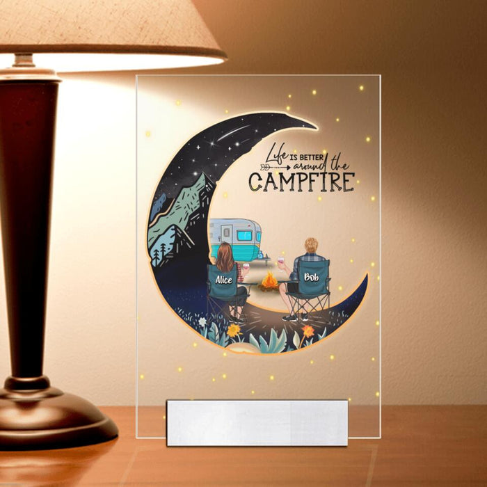 Personalized Camping Moon Acrylic Plaque - Adult/Couple/Parents With Up to 3 Kids And 3 Pets - Gift Idea For Camping Lover - Life Is Better Around The Campfire