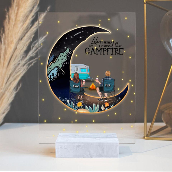 Personalized Camping Moon Acrylic Plaque - Adult/Couple/Parents With Up to 3 Kids And 3 Pets - Gift Idea For Camping Lover - Life Is Better Around The Campfire