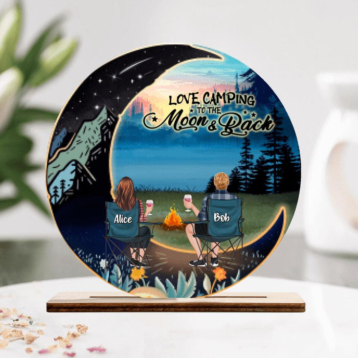 Personalized Camping Moon Wooden Plaque - Gift Idea For Camping Lover - Adult/Couple/Parents With Up to 2 Kids And 3 Pets - Love Camping To The Moon & Back