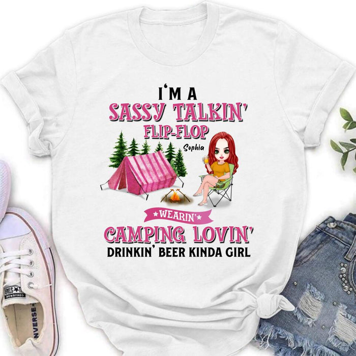 Personalized Camping Girl Shirt/Pullover Hoodie - Gift Idea For Camping Lovers - I'm A Sassy Talkin' Flip - Flop Camping Lovin' Drinkin' Beer Kinda Girl