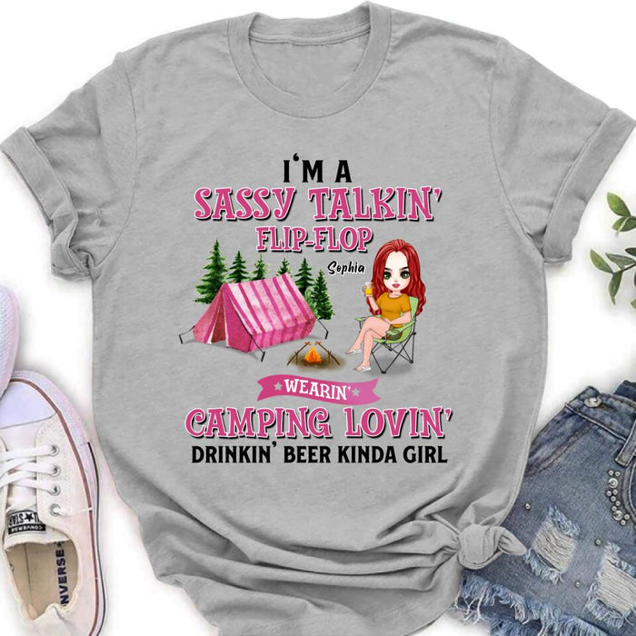Personalized Camping Girl Shirt/Pullover Hoodie - Gift Idea For Camping Lovers - I'm A Sassy Talkin' Flip - Flop Camping Lovin' Drinkin' Beer Kinda Girl