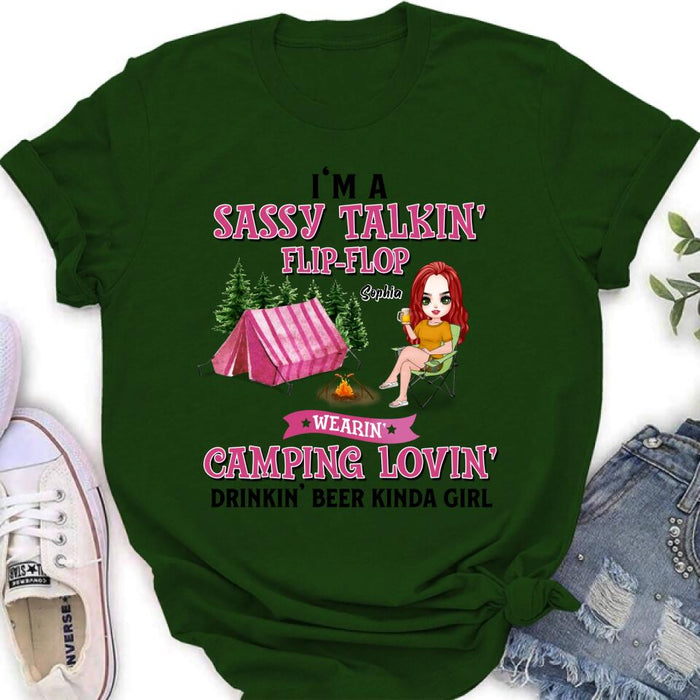 Personalized Camping Girl Shirt/Pullover Hoodie - Gift Idea For Camping Lovers - I'm A Sassy Talkin' Flip - Flop Camping Lovin' Drinkin' Beer Kinda Girl