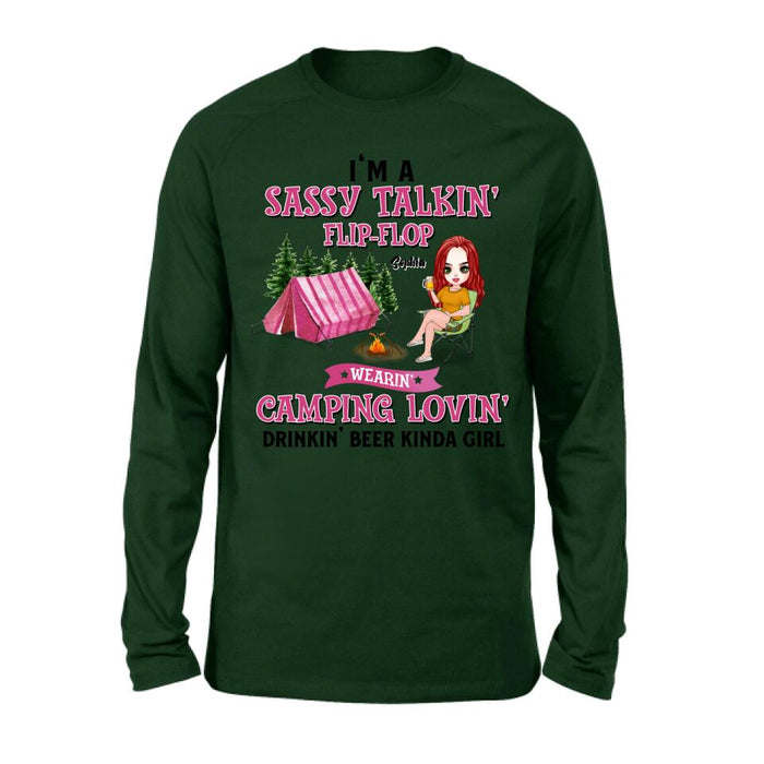 Personalized Camping Girl Shirt/Pullover Hoodie - Gift Idea For Camping Lovers - I'm A Sassy Talkin' Flip - Flop Camping Lovin' Drinkin' Beer Kinda Girl