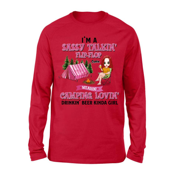Personalized Camping Girl Shirt/Pullover Hoodie - Gift Idea For Camping Lovers - I'm A Sassy Talkin' Flip - Flop Camping Lovin' Drinkin' Beer Kinda Girl
