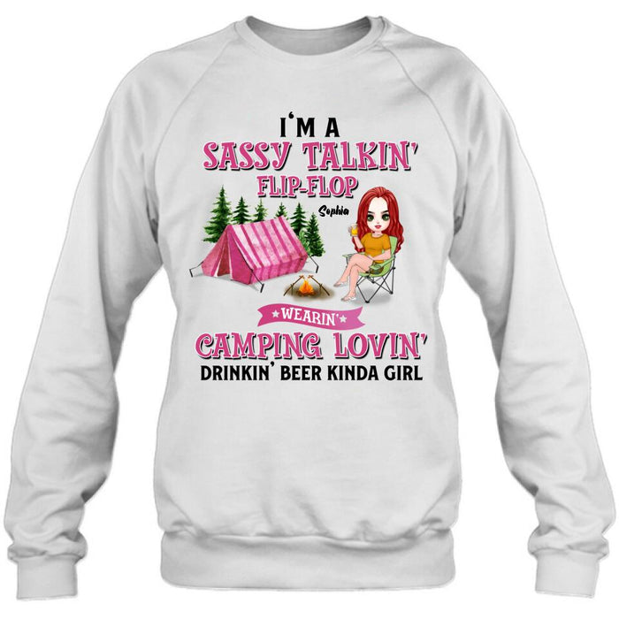 Personalized Camping Girl Shirt/Pullover Hoodie - Gift Idea For Camping Lovers - I'm A Sassy Talkin' Flip - Flop Camping Lovin' Drinkin' Beer Kinda Girl