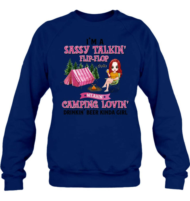 Personalized Camping Girl Shirt/Pullover Hoodie - Gift Idea For Camping Lovers - I'm A Sassy Talkin' Flip - Flop Camping Lovin' Drinkin' Beer Kinda Girl