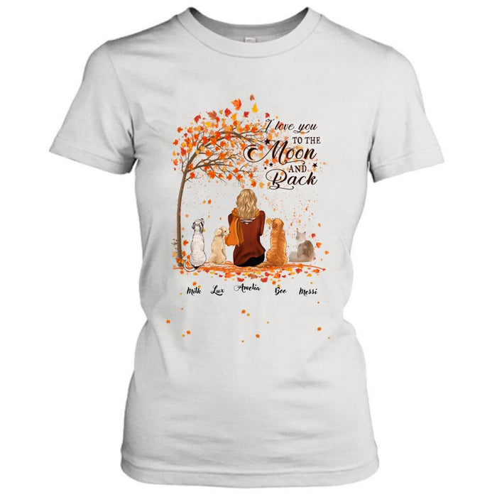 Personalized Fall Pet Mom T-Shirt/Hoodie - Woman With Up to 4 Pets - Best Gift For Dog Lovers/Cat Lovers - I Love You To The Moon And Back