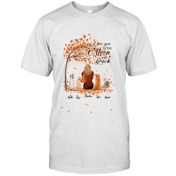 Personalized Fall Pet Mom T-Shirt/Hoodie - Woman With Up to 4 Pets - Best Gift For Dog Lovers/Cat Lovers - I Love You To The Moon And Back