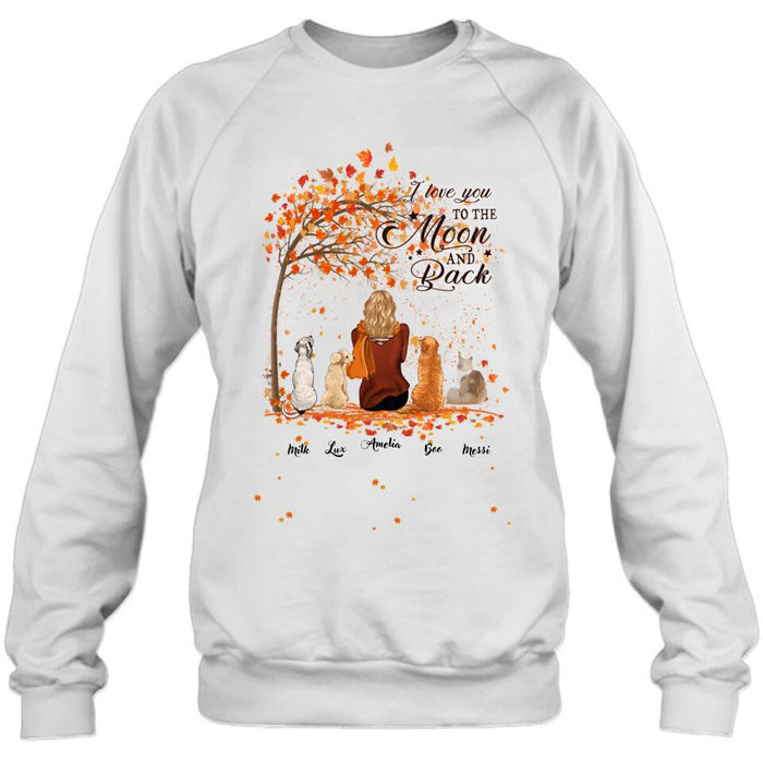 Personalized Fall Pet Mom T-Shirt/Hoodie - Woman With Up to 4 Pets - Best Gift For Dog Lovers/Cat Lovers - I Love You To The Moon And Back