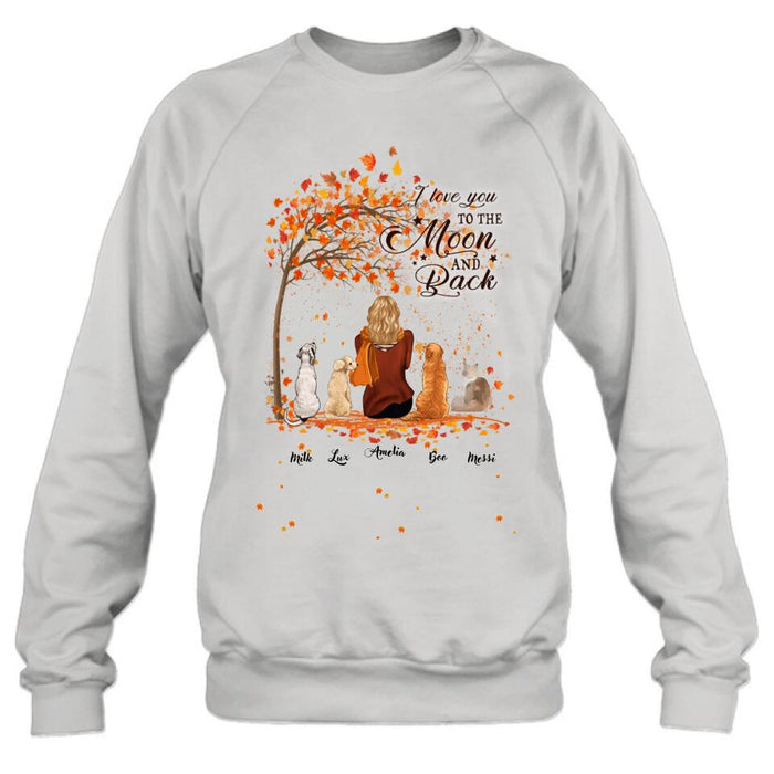 Personalized Fall Pet Mom T-Shirt/Hoodie - Woman With Up to 4 Pets - Best Gift For Dog Lovers/Cat Lovers - I Love You To The Moon And Back