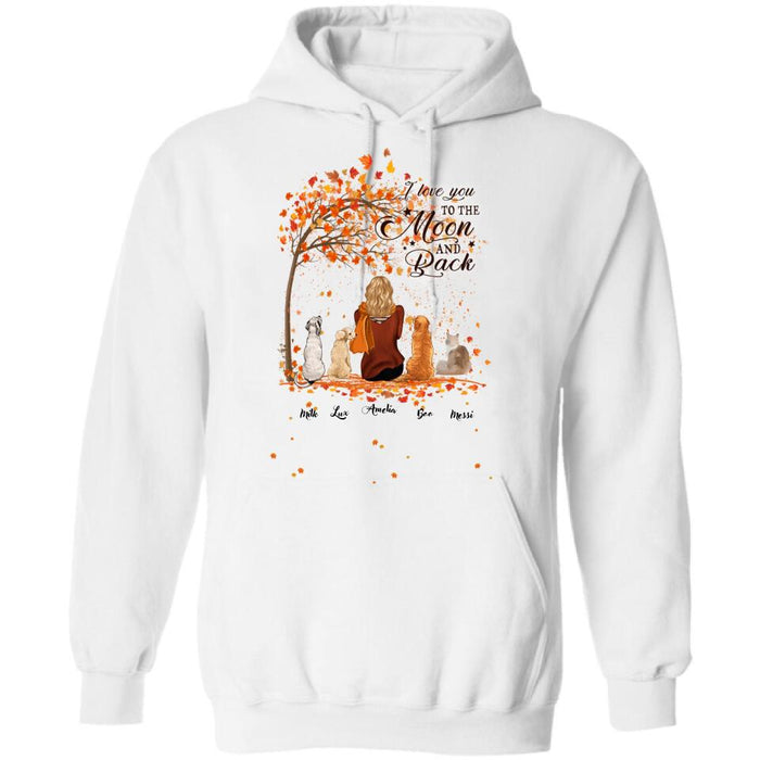 Personalized Fall Pet Mom T-Shirt/Hoodie - Woman With Up to 4 Pets - Best Gift For Dog Lovers/Cat Lovers - I Love You To The Moon And Back
