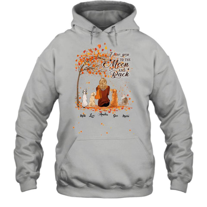 Personalized Fall Pet Mom T-Shirt/Hoodie - Woman With Up to 4 Pets - Best Gift For Dog Lovers/Cat Lovers - I Love You To The Moon And Back